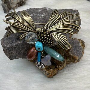 Vintage Bronze Tone Brooch Pinecone Dangling Stones Forest Nature